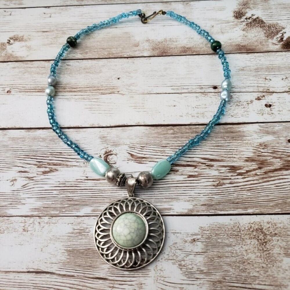 Vintage Necklace - Blue/Aqua/Turquoise Tone Beaded Necklace with Pendant